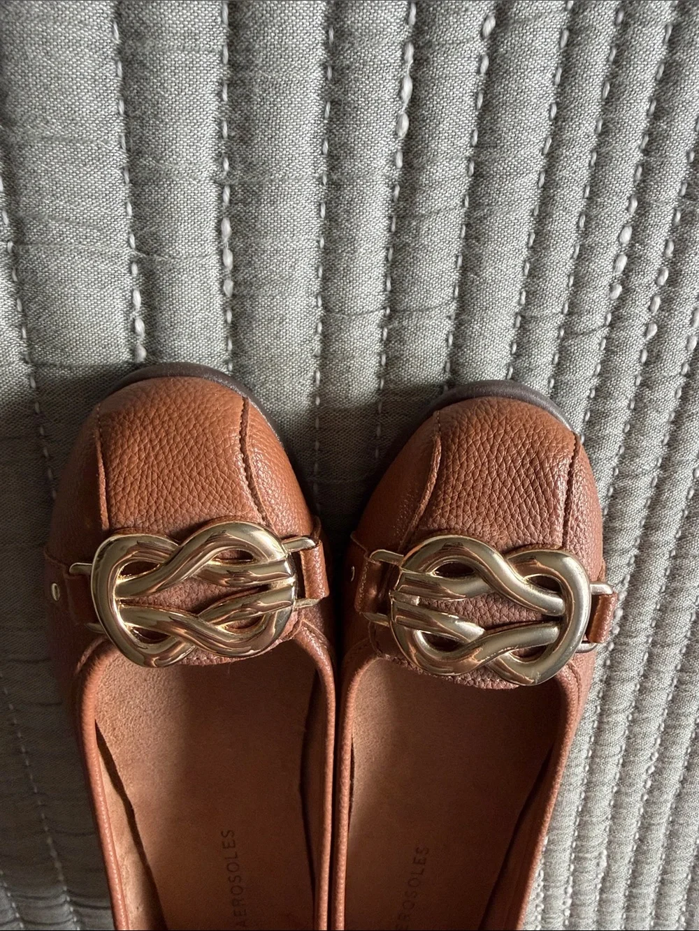 AEROSOLES Rust Brown Leather Loafers with Gold Accent
